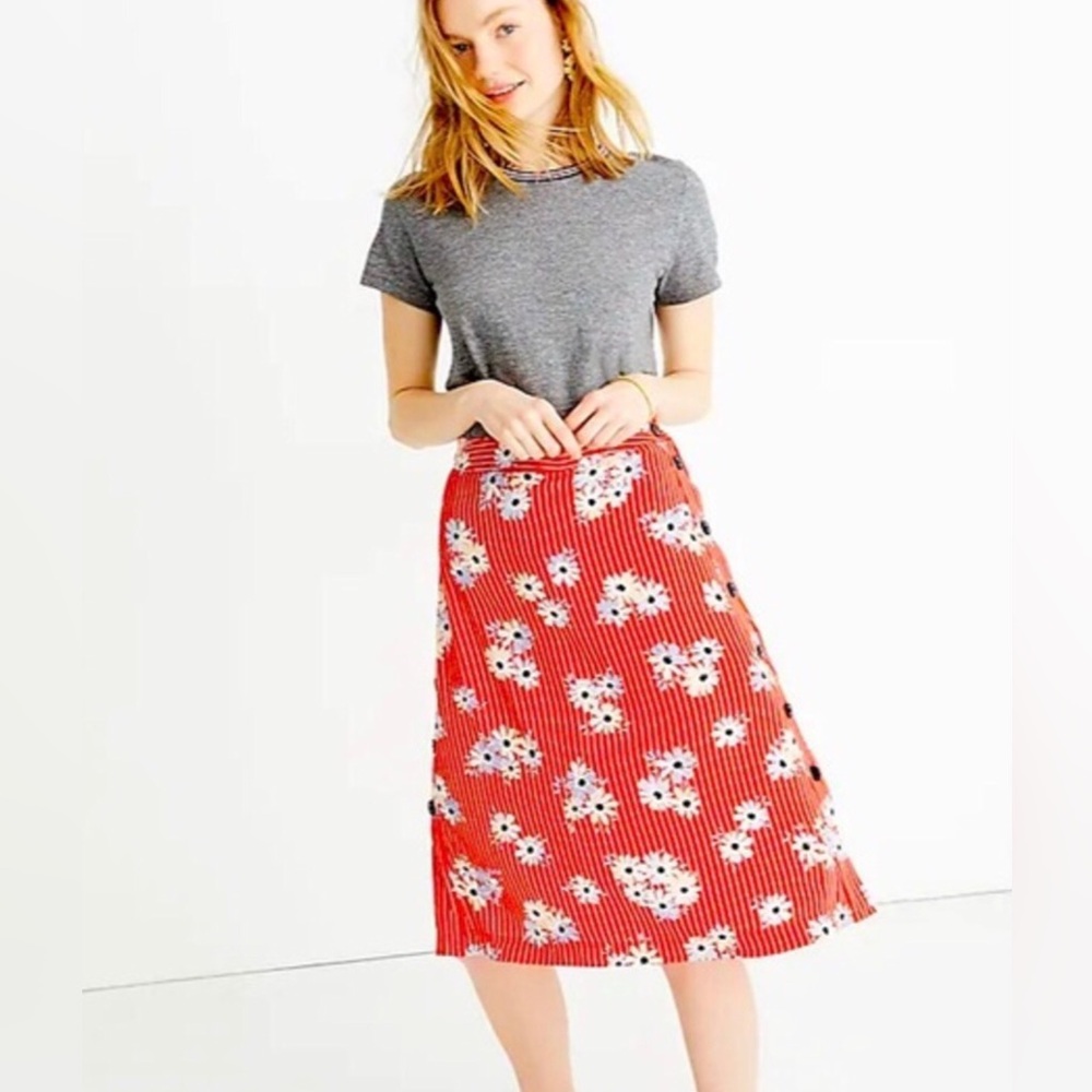 Madewell Red Striped Floral Button Skirt